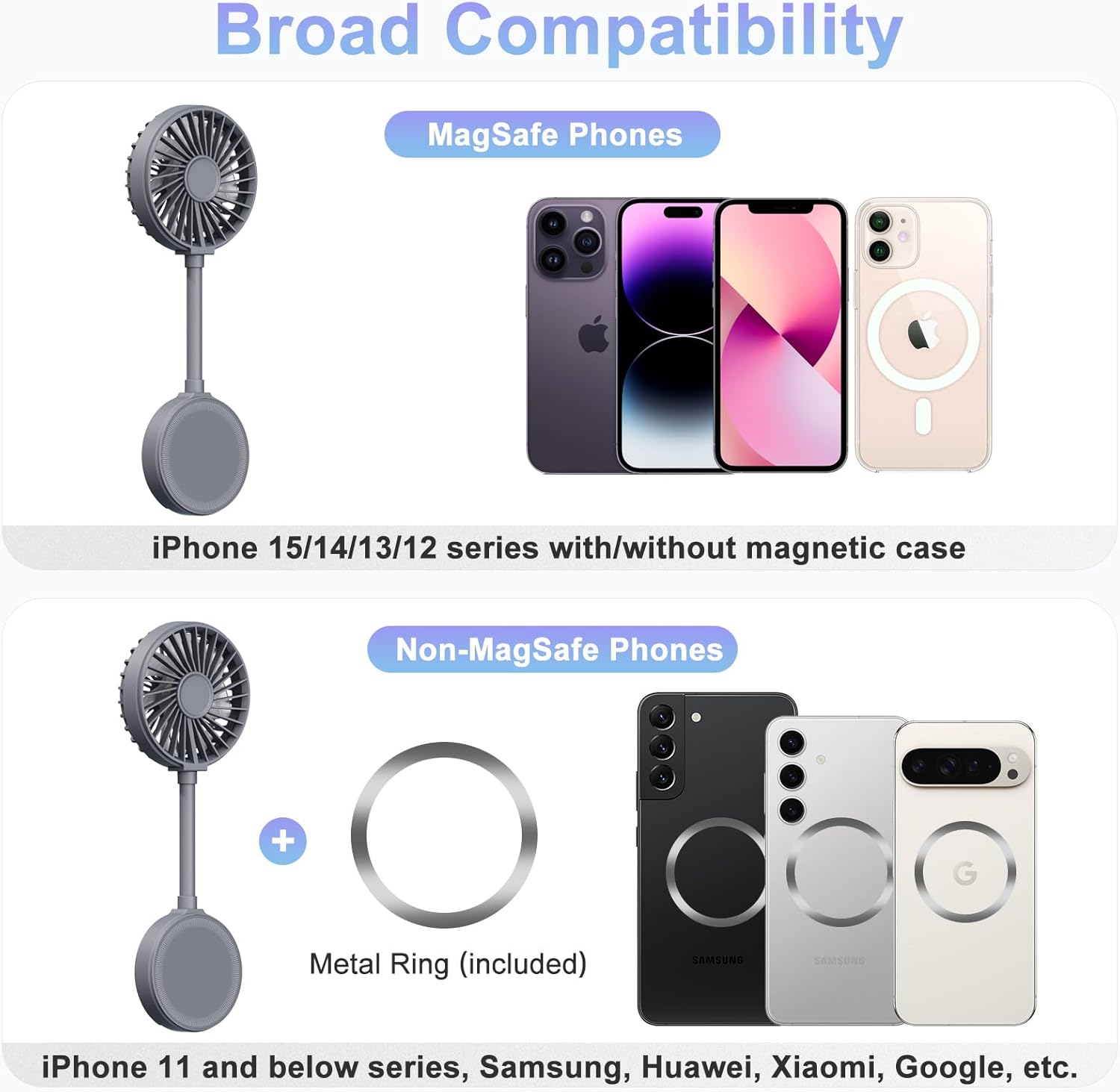 Magnetic Portable Phone Fan, 3 Speed Adjustments, with 2-in-1 Finger Ring for Support and Hanging, USB Mini Handheld Rechargeable Fan for iPhone 16/15/14/13/12Pro Max Series