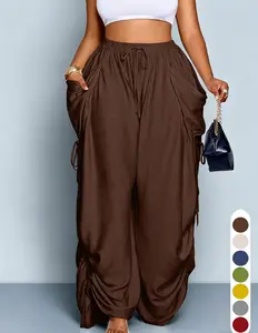 Women's Casual Wide Leg Pants High Waist Drawstring Loose Fit Lounge Pants with Big Side Pockets Solid Color Long Trousers for Spring Summer Fall