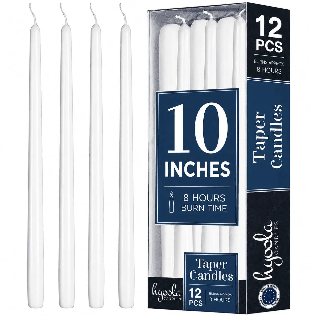 White Dripless Taper Candles – 10-Inch, 12-Pack, Unscented & Smokeless