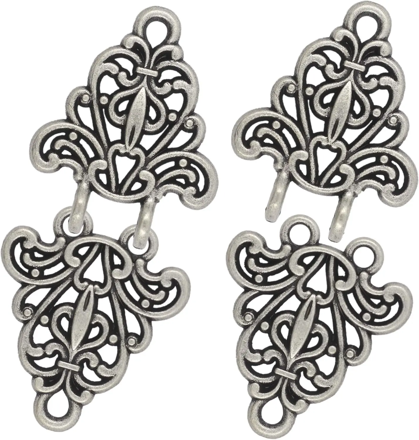 Filigree Trivet Hook and Eye Cloak Clasp Fasteners Pack of 4 Pairs 64mm x 29mm Fastened. (Antique )