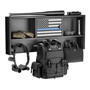 Explorinox Black Tactical Duty Gear Rack with Thin Blue Line Flag, Wall-Mount Storage Hanger with Hooks for Vest and Equipment
