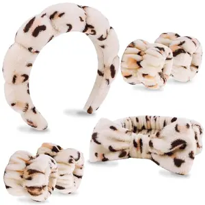 6 Pack Spa Headband Wristband Set Leopard Sponge Bow Tie Hair Band for Makeup Face Wash Skincare Hair Accessories Gift for Women