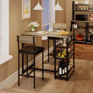 【GARVEE】Dining Table Set for 2, Counter Height Kitchen Table with 2 Upholstered Bar Stools, Dining Table and Chairs Set with Storage Shelves, for Small Space, Apartment, Studio, Retro Gray