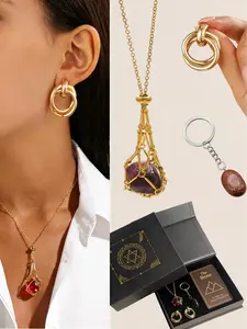 Women's Original Energy Jewelry Gift Box, Natural Crystal Pendant Necklace, Hoop Earrings, Healing Stone Keychain, Spirituality Wellness