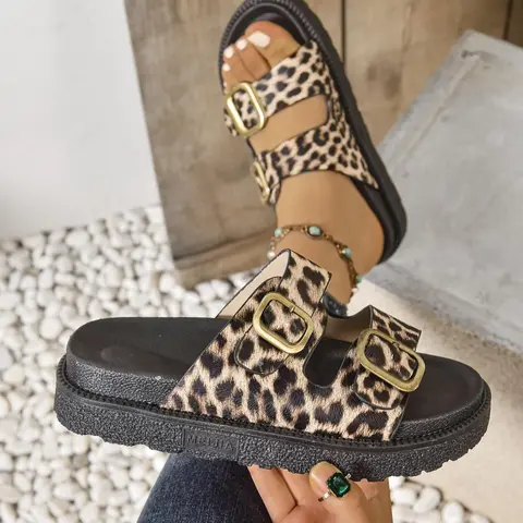 Women's Thick Sole Sandals, Leopard Pattern, PU Leather Upper, Rubber Sole, Casual Style, Less Than Ankle Height, Fashionable and Versatile