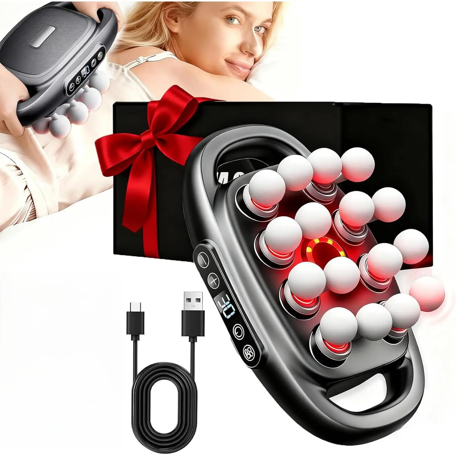 2026 Newest Multifunctional Massage Gun - 16 Heads, Red Light Therapy, 30 Levels, 3 Modes for Full Body Relaxation, Gift for Dad