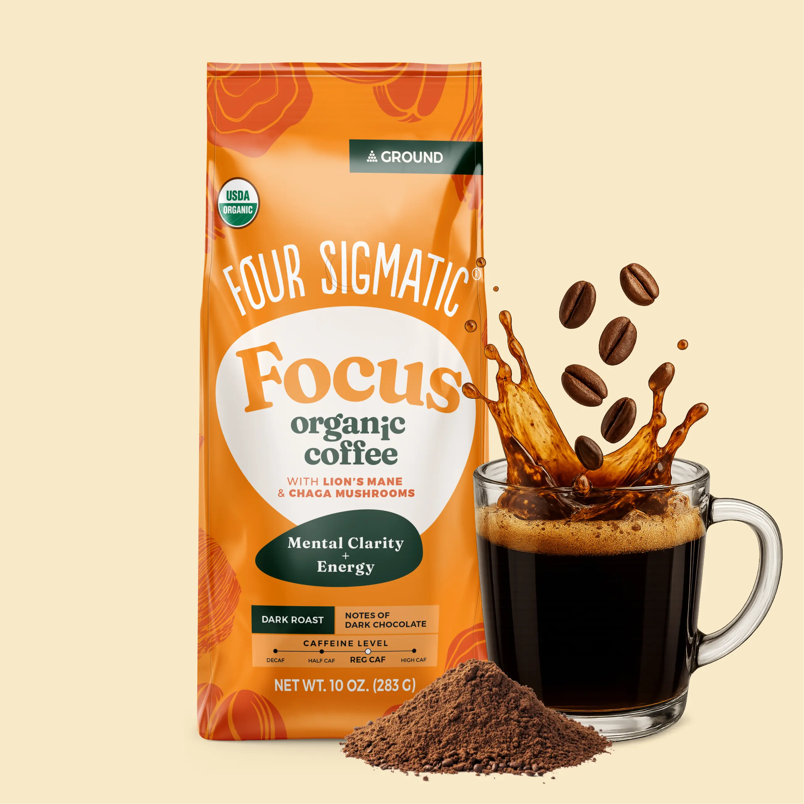 Four Sigmatic - Focus Mushroom Coffee, Organic Ground Coffee with Lion's Mane and Chaga Mushroom, 10oz Bag Four Sigmatic - Focus Mushroom Coffee, Organic Ground Coffee with Lion's Mane and Chaga Mushroom, 10oz Bag