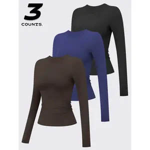 3 pcs Women’s Compression Training Long-Sleeve Shirts, Fitted Round-Neck Yoga Tops, Moisture-Wicking Sportswear for All Seasons, Compression Activewear