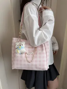 Gingham Pearl Chain Tote Bag, Large Capacity Cute Shopping Bag, Elegant Shoulder Clutch for School, Work, Travel, Women Fashion Trendy Bag