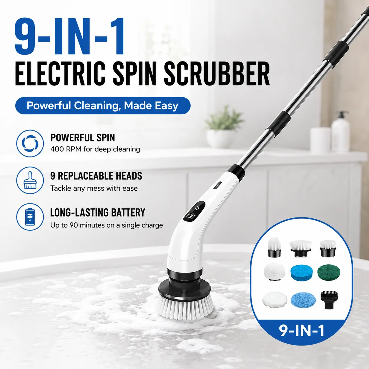 9-in-1 Electric Spin Scrubber with Multiple Brush Heads, 12-54 Extendable Handle, Dual-Speed Power Scrubber, LED Battery Display, IPX7 Waterproof Cleaner for Bathroom, Shower, Tile, Kitchen & Car, Summervibes