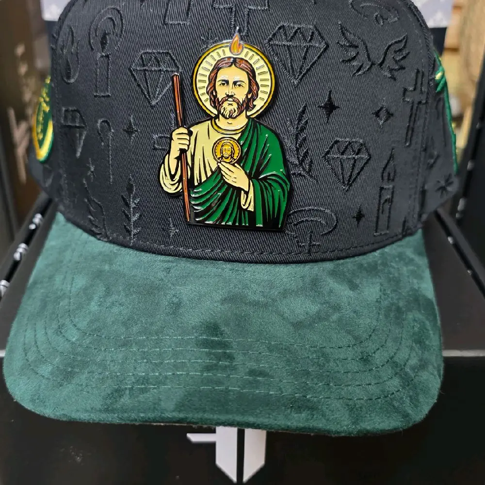 Ferreti Saint Judita Tadeo Hat with Metal Plaque Green Suede Brim Adjustable Snapback