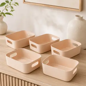 5-Pack Small Plastic Storage Baskets With Handles, Apricot Beige Open Storage Bins For Pantry, Bathroom, Desk, Closet, Cabinet, Shelf, Kitchen, Home Office & Dorm Organization