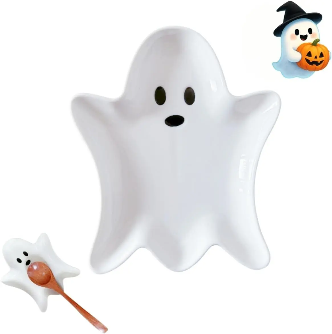 Ceramic Spoon Rest for Stove Top, Halloween Ghost Cute Spoon Rest for Kitchen Counter, Cooking Spoon Holder for Kitchen Counter, Utensil Rest Spatula Rest Ladle Holder Tong Rest (White)