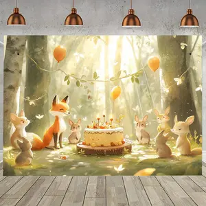 1pc Enchanted Forest Theme Party Banner - Whimsical Fox & Rabbit Design with Balloons, Polyester Photo Backdrop for Classroom, Office & Birthday Decor, Festive All-Season Celebration Decor, Bunny Decor White