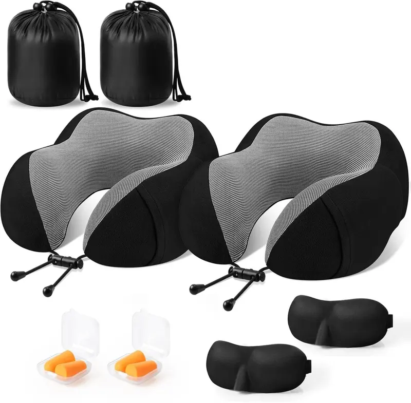 2 Pack Travel Pillow Premium Memory Foam, Comfortable & Supportive Neck Pillow, Neck Pillows for Sleeping Travel, Airplane Pillow for Sleeping Airplane, Car, Office and Home（Black & Black）