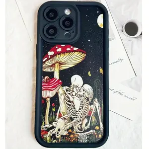Mushroom Tree Skeleton Pattern Case for iPhone 16 15 14 Pro Max 13 12 11 XR XS Plus Shockproof Drop Protection Rugged Durable Silicone Cover Gifts for women men girls boys
