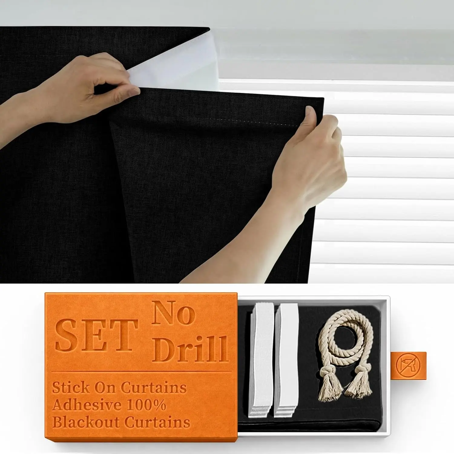 Black 100% Light-Blocking Coated Fabric Blackout Curtain Blinds - Self-Stick, No Rod Needed, Easy to Install, Modern Design, Privacy Focus, 52in W x 84in L, Single Panel for Windows/Dorms, Anti Light Blinds