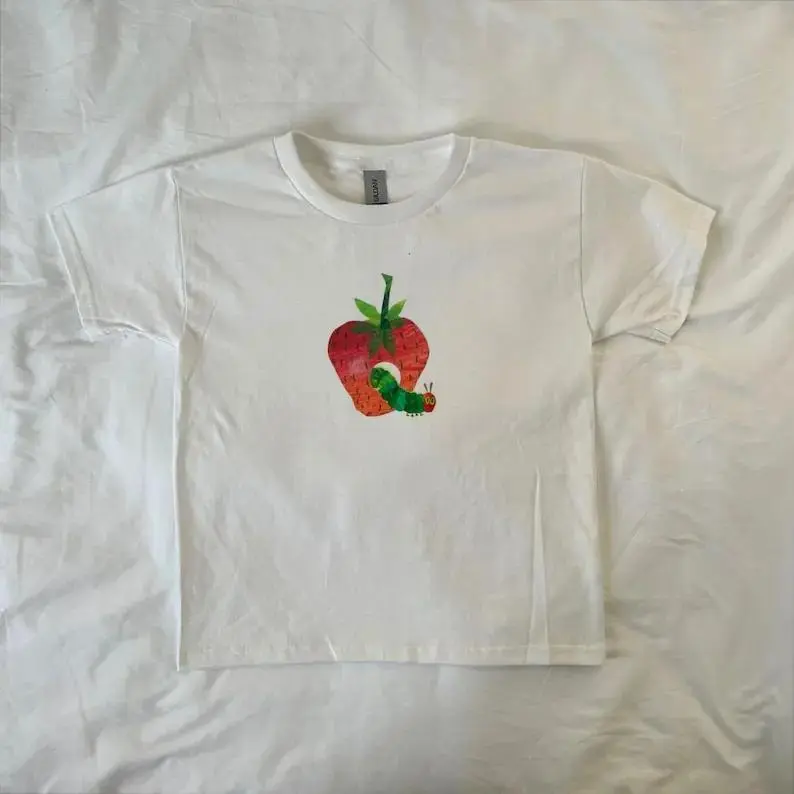 Caterpillar Eating Strawberry Baby Tee, vintage, Coquette, Pinterest, The Very Hungry Caterpillar, kawaii streetwear, ahs style, soft girl trendy t-shirts