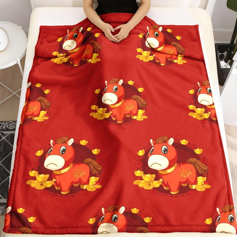 Cute Bitter Horse Theme Flannel Blanket, Large Size, Soft Lightweight Warm, Perfect for Bed Sofa Office Camping Travel Gift