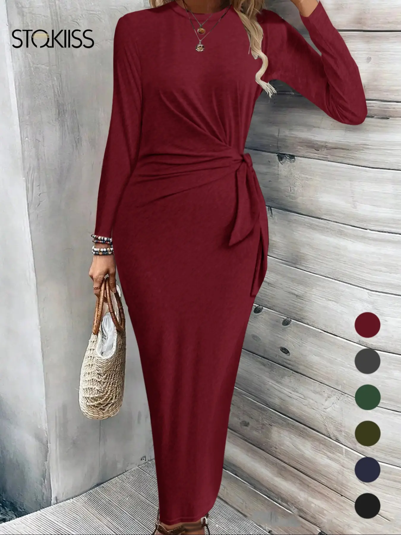 Women's Plain Knot Front Long Sleeve Bodycon Dress, Casual Round Neck Maxi  Dress for Fall & Winter, Women's Clothing for Daily Wear, Womenswear -  TikTok Shop