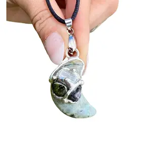 Starseed Moon Amulet Pendant with Black Satin Cord for Wisdom and Intuition, Labradorite, Selenite, Green Tourmaline, Hypersthene
