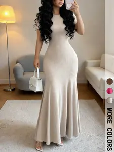1 Piece Ribbed Knit Maxi Dress for Women, Short Sleeve Crew Neck Bodycon Mermaid Dress, Stretchy Breathable Fabric, Figure-Flattering Slim Fit Long Dress for Date Night, Cocktail Party, Wedding Guest and Evening Wear, Trendy Elegant Minimalist Womenswear