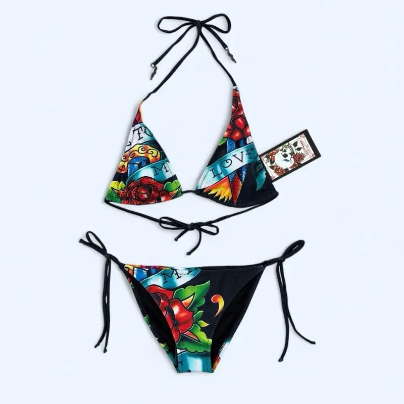 Women's Deadstock Y2K Graphic Tie Back 2-Piece Nylon Fitted Bikini Swimsuit, Size S, Tie Back Bikini