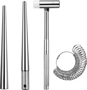 4 count  Ring Sizer Measuring Tool Set, Ring Sizing Gauge Sizers Set, Including Ring Size Mandrel, Solid Metal Stick,  Mallet, Metal Ring Gauge Set,  Making Kit
