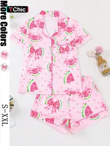 Women's 2-Piece Waffle Printed Sleepwear Set, Pajama Set, Short Sleeve Button-Up Top & Elastic Shorts, Casual All-Season Home Wear