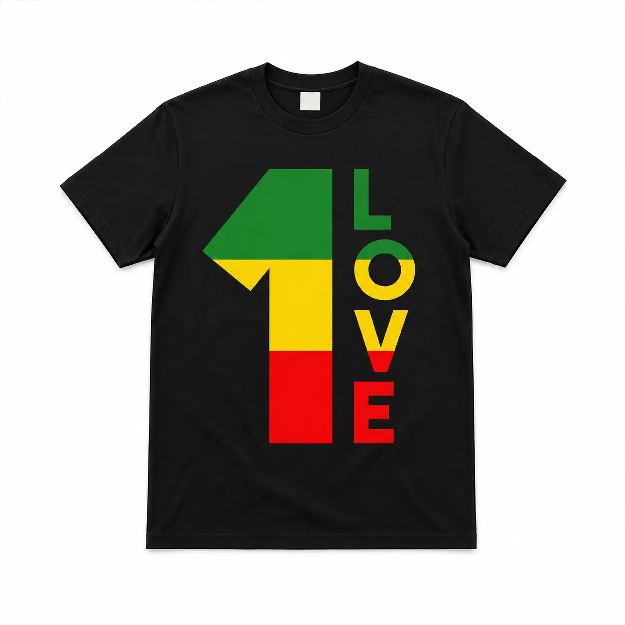 Men's 220g Heavyweight Soft Cotton Round Neck Short-Sleeve Tshirt - 1 Love Printed Logo Reggae Vibe Tee, Classic Casual Menswear (Available in 3XL,4XL,5XL) Streetwear Black