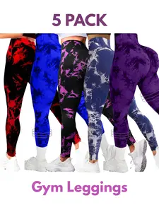 5 Pack Tie Dye Print High Waisted Workout Women Leggings Scrunch Rear Lifting High Waist Tummy Control Yoga Athletic Pants