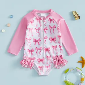 Kids Baby Little Girl Summer Swimsuit Bow Print Long Sleeve Round Neck Rash Guard Bathing Suit for Pool Beach 6M-5Y