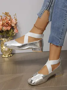 Women's Retro Cross Strap Square Toe Chunky Heel Mary Jane Shoes, Soft Leather Low Heel Commuter Single Shoe, Large Size Available, Daily Wear Shoes