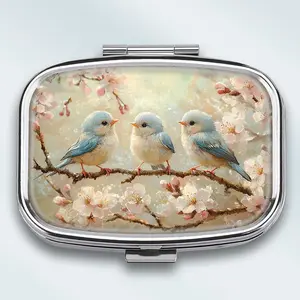Cute Blue Bird and Sakura Metal Pill Box, Compact Portable Travel Case, Vibrant Spring Design, Perfect for Pockets or Wallets, Unique Gift
