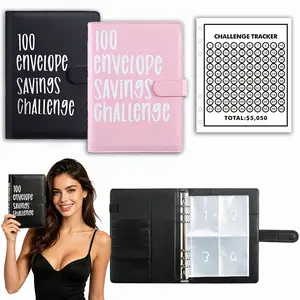 A5 Size 100 Envelope Savings Challenge Portable Binder With Frosted Plastic Cash Pockets Savings Data Card Pink Navy Blue Shade