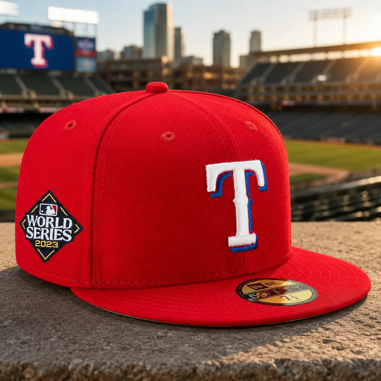 New Era Texas Rangers 59FIFTY Fitted Baseball Cap – RED 2023 World Series Patch 1