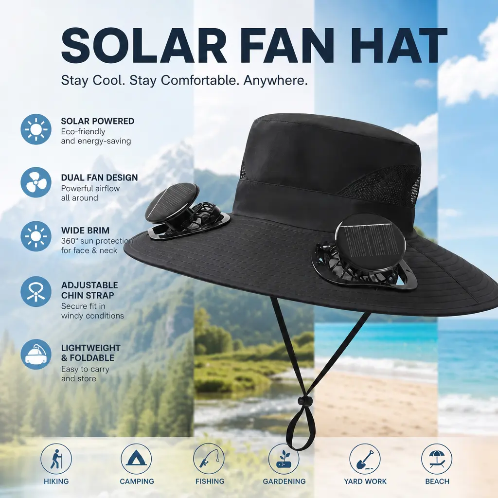Solar Powered Fan Wide Brim Hat, Outdoor Cooling Sun Hat with Dual Fans and 3 Speed Settings