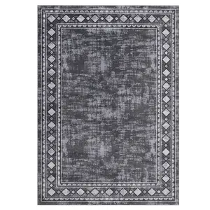 4 x 6 ft Rectangular Modern Polyester Material Area Rug, Grey with Geometric Border, Machine Washable for Living Room, Bedroom