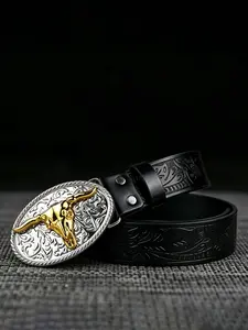 Retro personality "Golden Bull Head" shaped alloy plate buckle, 1.46in/3.7cm wide fashionable trendy embossed belt, available in brown and black, men's and women's Western denim style.