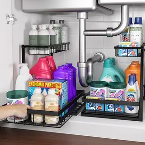 2 Pack Under Sink Organizers and Storage, L-Shape 2 Tier Pull Out Sliding Kitchen Cabinet Organizer, Metal Under Kitchen Sink Organizer, Multi-Use for Kitchen Bathroom Cabinet