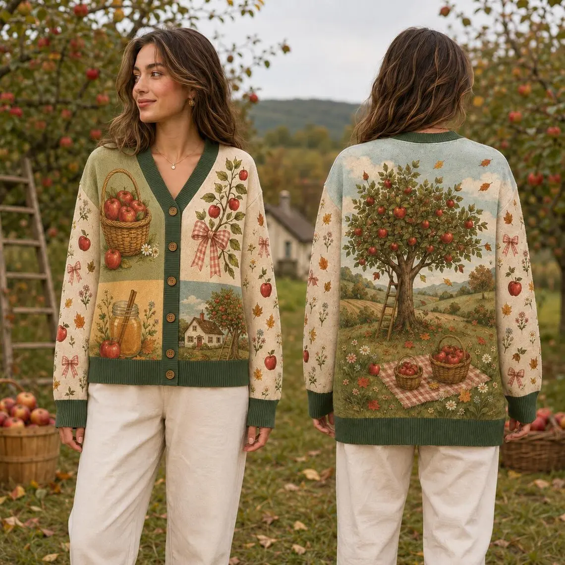 Apple Orchard Cardigan for Women, Vintage Autumn Sweater, Cozy Fall Apple Picking Cardigan, Cottagecore Harvest Outfit Gift Fall Shirt