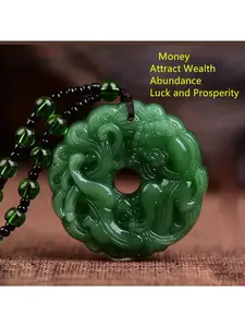 1Pc Green Jade Hand-Carved Pixiu Dragon Pendant Necklace, Wealth Attraction & Protection Amulet, Auspicious Lucky Spiritual Jewelry, Unisex Ideal Christmas Birthday Gift