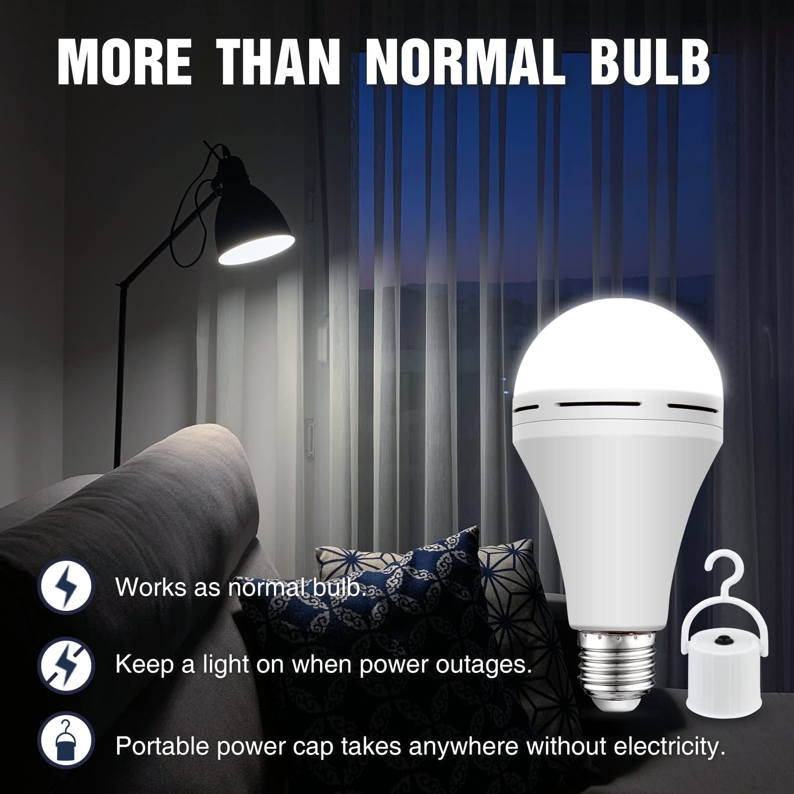 6PK Rechargeable Emergency LED Light Bulb, 12W 6500K Daylight, Battery Backup Lamp Stay Lights Up During Power Outage for Home Camping multifunctional tool