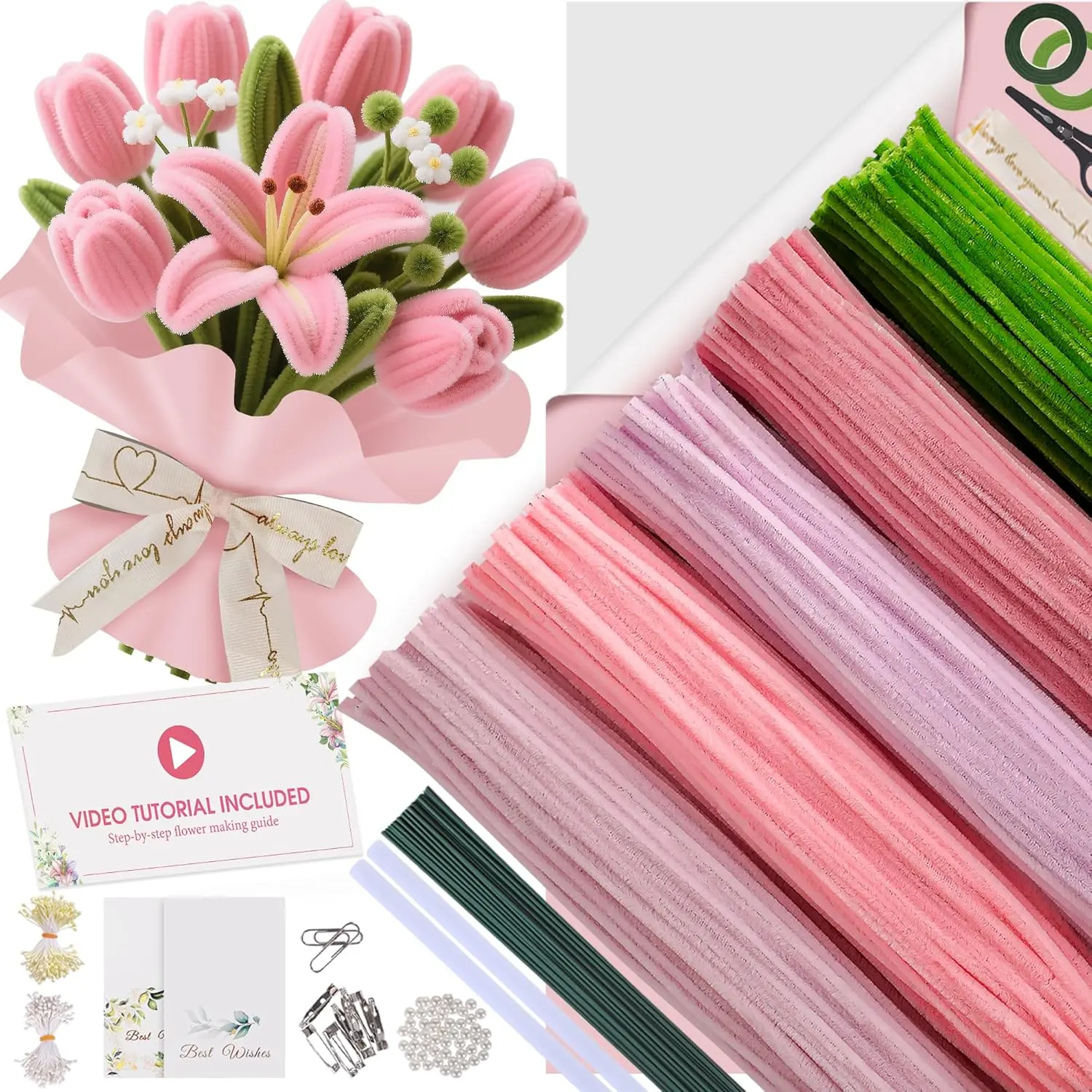 500 count Pipe Cleaners Craft Kit for Flower Making, Complete DIY Bouquet Set with Tutoria, Chenille Stems, Craft Wire, Ribbon & ,  for Arts Decor, Mother's Day  Gifts
