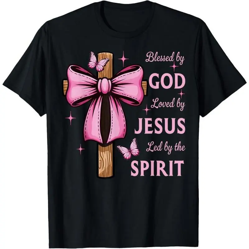 100% Cotton Blessed by God Loved by Jesus Pink Coquette Bow And Cross T-Shirt,shirts,cnashirt