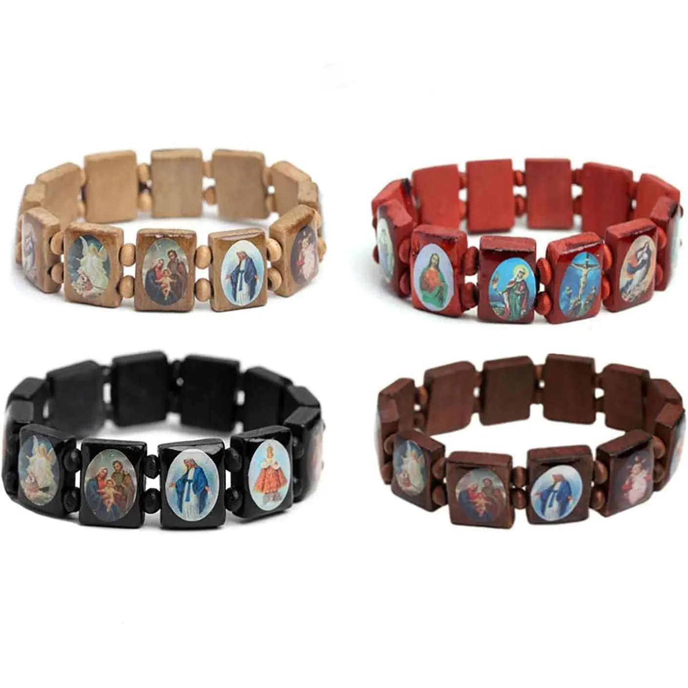 4 count Wooden  Bracelet, Stretchable Wooden Small Panel Rosary Bracelet, with Images of Religious Saints  for Men & Women (A)