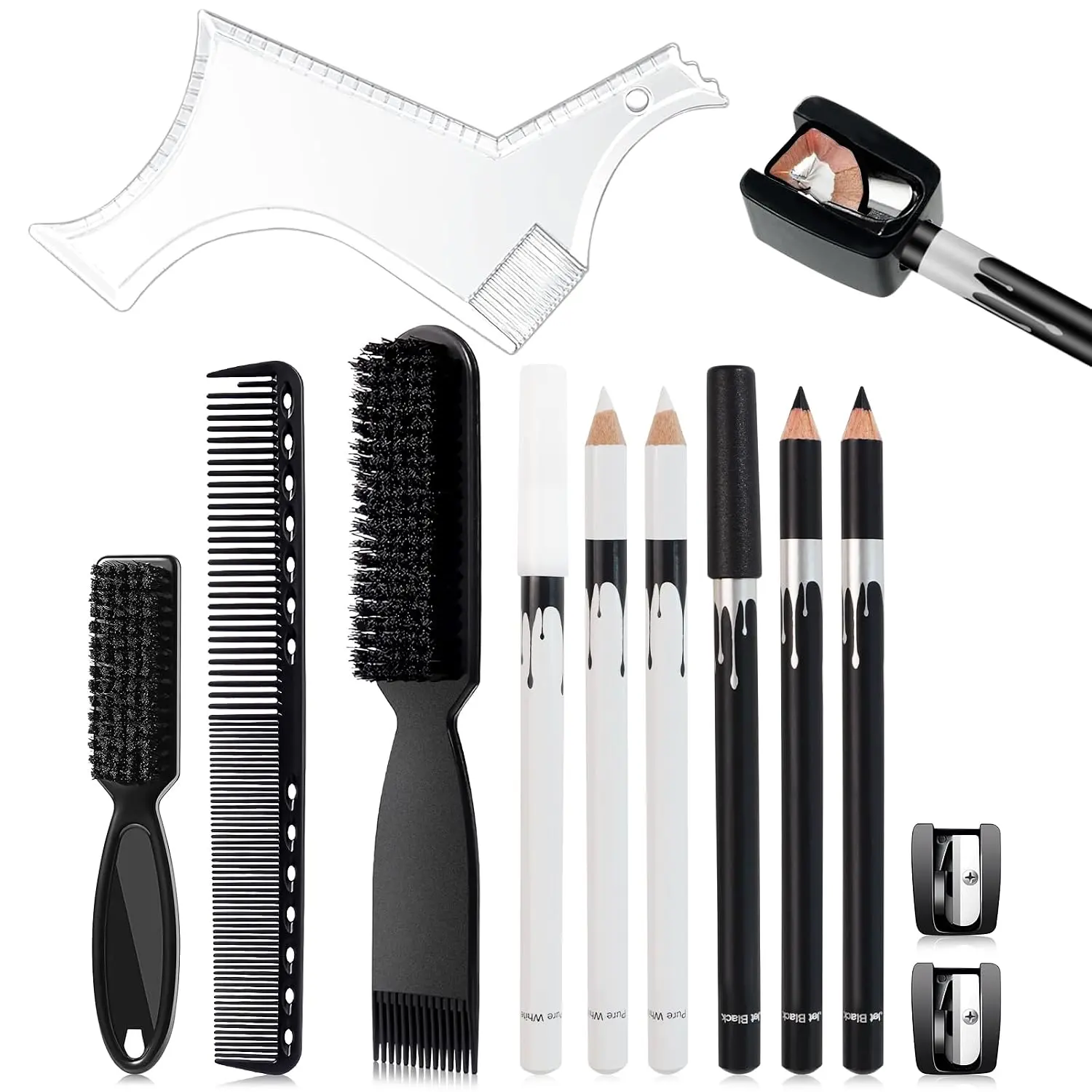 13pcs men's beard styling tool set includes black and white hair cutting pencils with clippers, hairline beard styling combs, hair clippers, cleaning brushes, and hair combs