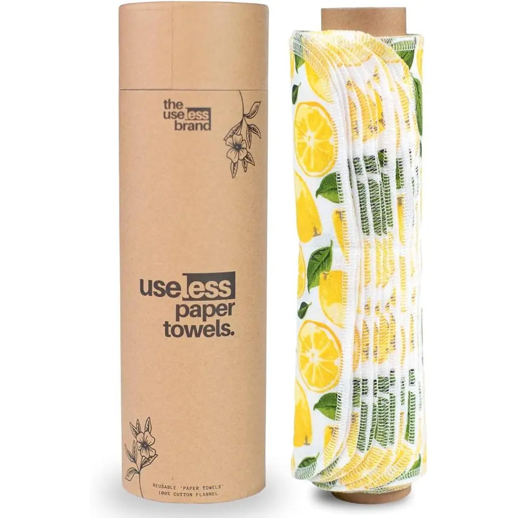 Brand Reusable Kitchen Paper Towel Roll - 12 Washable Cotton Flannel Wipe Sheets with Cardboard Roll, Fits Most Towel Holders, Lemon-Patterned