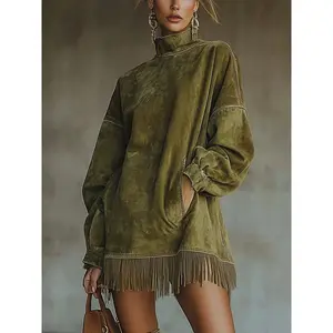 2026 Autumn Winter High Collar Loose Pocket Tassel Long Sleeve Suede Dress