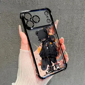 Transparent Electroplated Mobile Phone Case for iPhone 11/12/13/14/15/16/17 Series (Standard, Pro, Pro Max) - Cool Skate Bear Pattern, 4-Corner Shockproof Drop Protection